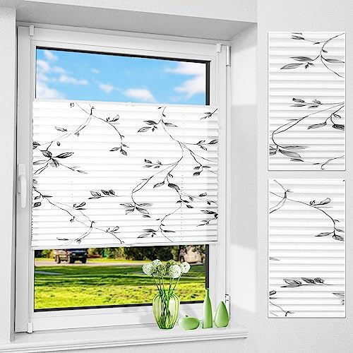 Allesin Plissee ohne Bohren mit Blumenmotiv, Plissees Klemmfix mit Muster, Weiß 90x120cm(BxH), Plisseerollo Jalousie Rollos für Fenster und Tür, Sichtschutz und Sonnenschutz
