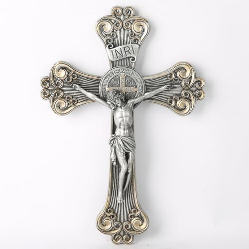 BC Catholic St Benedict Crucifix Wall Cross, Elegant Jesus Christ Home Decor, Religious Gifts, Renaissance Carve Look, Silver and Gold Color Finish, 12H Hand Painted by Buildclassic