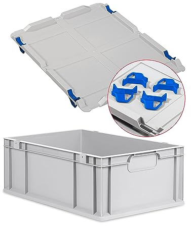 Eurobox NextGen Economy 60x40x17cm Griffe geschlossen mit Auflagedeckel grau, Kunststoffbox 34 Liter stapelbar Transportbehälter lebensmittelecht, Farbe Deckel-Verschlüsse wählbar (Verschlüsse Blau)