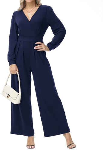 Tanmolo Combinaison longue pour femme avec manches longues, col en V, élégante, pantalon ample, jambes larges avec poches, XL