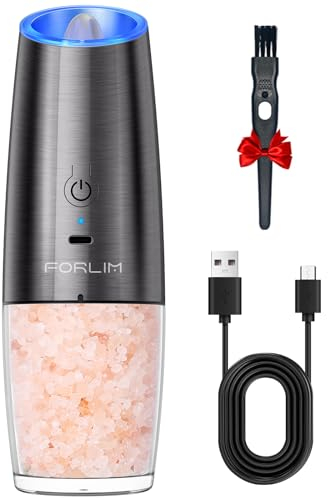 FORLIM Molinillo Pimienta y Molinillo Sal Eléctrico, USB Recargable, Con luz LED, Operación con una Mano, Grueso Ajustable, Molido Automático por Gravedad, 6 oz Acero Inoxidable, 1 Pieza (Metálico)