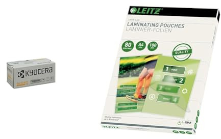 Kyocera TK-5240Y Toner Gelb, Original Tonerkartusche 1T02R7ANL0 & Leitz Heißlaminierfolien A4 80 mic, Hochwertige Laminierfolien im 100er Pack