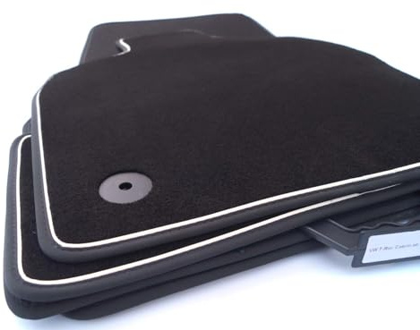 Fußmatten passend für VW T-ROC Cabrio (Zierstreifen Weiß) Velours Automatten Matten Set, 4-teilig Schwarz, Original Befestigungssystem