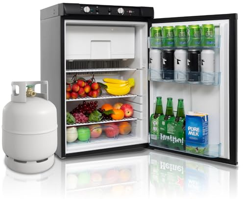 Techomey Gas Kühlschrank mit Gefrierfach, 100L, Kühlschrank 12V 230V Gas, Camping Kühlschrank Gas für Wohnmobil, Wohnwagen, Haus, Ferienwohnung, Mobilheim, Schwarz