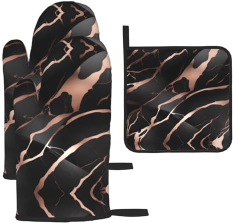 Black Rose Gold Marble Oven Mitts and Potholders BBQ Gloves and Holders for Cooking Baking (3-Piece Set)