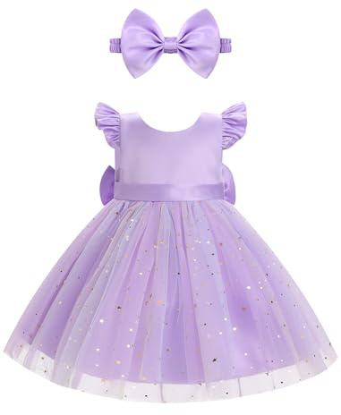 Odizli Vestito da battesimo per neonata, estate, principessa, tutù, in tulle + fascia per compleanno, matrimonio, festa, vestiti, Lilla, 12-18 Mesi