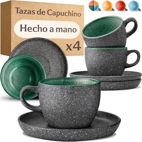 Cosumy Set di 4 Tazze per Cappuccino in Ceramica con Piattini - 200ml - Gres Spesso con Smalto Reattivo Artigianale – Mantiene il Calore a Lungo (Verde)