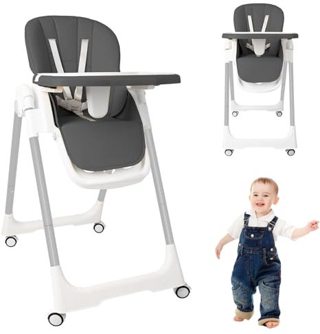 XINZI Hochstuhl für Babys und Kleinkinder, Klappbarer Kinderhochstuhl mit Verstellbarem Tablett, Liegefunktion und Sicherheitsgurt, Höhenverstellbar und Tragbar, Grau