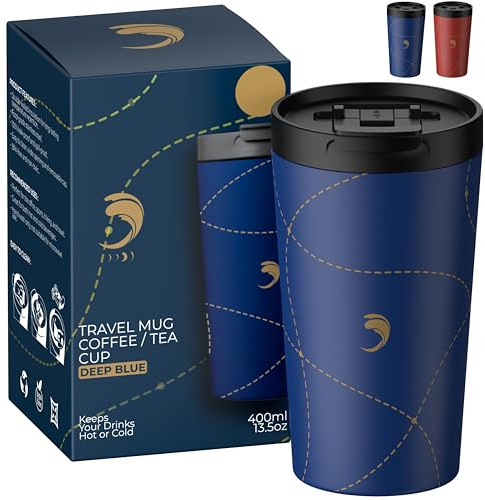 AQUAFIOLE Travel Mug Isotherme Cafe 400ml Inox & Clapet Amovible Avec Isolation à Double Paroi - Gourde Café Sans BPA/Étanche - Tasse Matcha/Thé - Gobelet/Tasse Isotherme Chaud/Froid