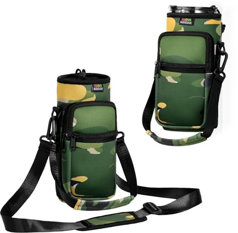 Nuovoware Magnetic Gym Bag, 25oz/32oz Water Bottle Carrier Holder, Adjustable Shoulder Strap 2 Pocket Sports Sling Neoprene Sleeve for Hiking Travelling Camping, Camouflage Green