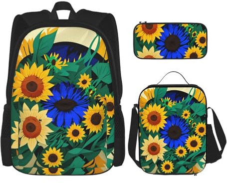 OXKGHHO Juego de mochila de trabajo con estampado de girasol con lonchera aislada, correas ajustables, para gimnasio y uso diario, Negro -, Talla única