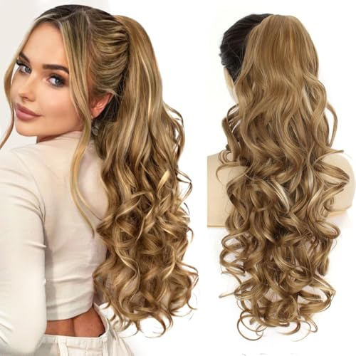 PORSMEER Pferdeschwanz Haarteil mit Klammer,Klauen Claw Clip in Haarverlängerung, 66cm Lang Voluminös Gewellt ponytail extension haarteil zopf Mittelblond mit blonden strähnchen farbe für Damen