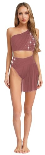 Sinleey Femme Robe Danse Contemporaine Moderne Ensemble Haut et Jupe Strass Asymétrique Robe Patinage Artistique Gymnastique