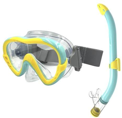EasyDive Snorkelset för barn, snorkelmask med elastiskt band, anti-imma dykmask, dykglasögon, torrt silikonmaterial, snorkling, set för pojkar och flickor (tropiska öar – grön/gul)