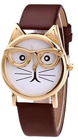 Katt urtavla mode med glasögon klockrem kvarts damklocka 24 timmar analog klocka, Brun, En storlek