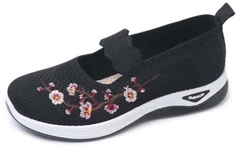 Estive Scarpe Donna Slip-on Scarpe Ortopediche Traspirante Sneakers Antiscivolo in Maglia Floreale Scarpes da Ginnastica Senza Lacci Leggere Morbida Sneakers a Rete da Donna (2-Black, 40)