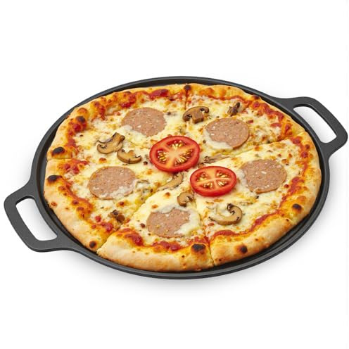 Warmiehomy Cast Iron Griddle Pan,30cm Round Non-Stick Grill Pan, Pre-Seasoned Pizza Pan, BBQ Skillet, Frying Pan with 2 Handles for Gas Hob, Electric, Induction & Oven, Flat Surface