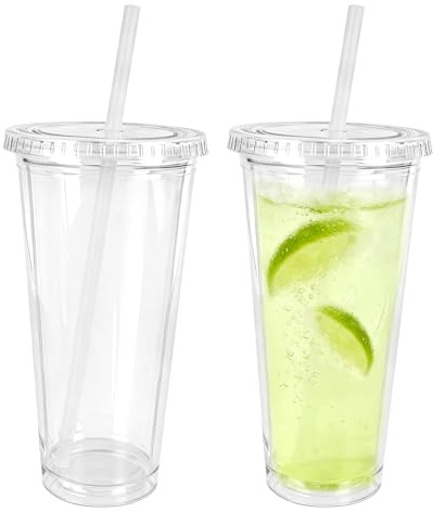 Axincardarm 2 Pcs Plastic Iced Coffee Cup Double Walled with Straw 650ml | Clear Drinking Cup, with Lids, for Coffee, Juice
