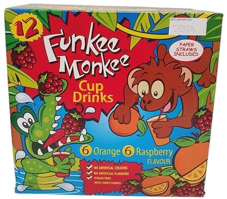 Funkee Monkee Cup Drinks – 12 Pack (6 Orange, 6 Raspberry) – Kids Party Juice Cups with Paper Straws – 24, 48 or 72 Pack –Sugar-Free, No Artificial Colours or Flavours, With Sweeteners (72)