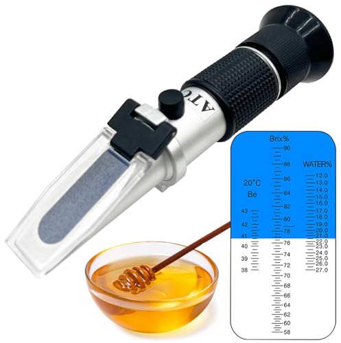 Honey Refracometer for Honey 12~27% Moisture, 58~90% Brix and 38~43 Baume, 3-in-1 Honey Moisture Tester with ATC Refractometer for Honey Maple Syrup, Molasses and Bee Keeping Supplies