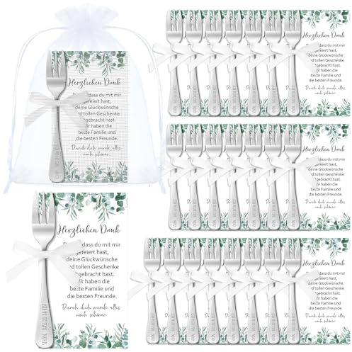 Tenare 24 Stück Hochzeit Geschenk für Gäste Polterabend Gastgeschenke Taufe Geburtstag Jugendweihe Kuchengabeln mit Gravur Schön Dass Du Da Bist Organzabeutel Dankeskarten Satinband