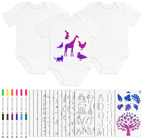 Vicloon Baby-Body kurzarm, 3 Stück Bemalen Kurzarm Baby Body mit 12 Textilstifte und 14 Malen Schablonen, Kurzarmbody zum Bemalen für Babyparty Spiele Babyshower Strampler
