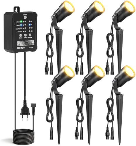 HIBOITEC 5W Gartenbeleuchtung mit Dämmerungssensor & Timer, 250LM Dimmbar Warmweiß, IP65 Wasserdicht Gartenleuchten mit Strom, 40W Trafow, CRI>90, Aluminium Gartenstrahler für Außen