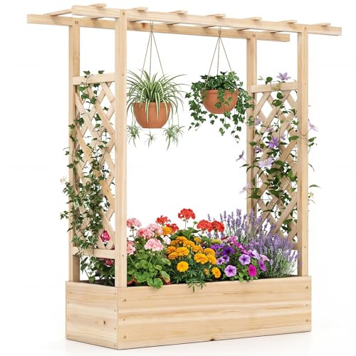 COSTWAY Fioriera Rialzata con Grigliato, Letto da Giardino Rialzato in Legno con Traliccio, Tetto e Fori di Drenaggio, Aiuola Elevata per Piante Rampicanti, Viti e Fiori (Naturale,110 x 35 x 114 cm)