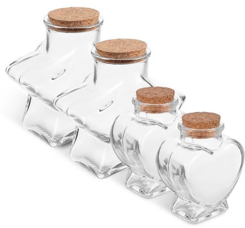 Operitacx Barattoli di Vetro con Tappo in Sughero Set da 4, Bottiglie Decorative a Forma di Cuore e Stella, Piccoli Contenitori Trasparenti per Decorazioni Casa e DIY Regalo Creativo