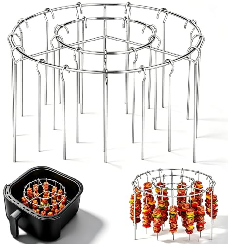 2 stycken luftfrys, rund, 15 cm (6 tum) rostfritt stål, luftfryer insatstillbehör med 24 grillspett, köttspett, återanvändbara grillspett i rostfritt stål, grillspett för kött, grönsaker