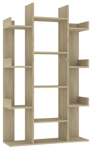 Favemtsl Bücherregal in Sonoma-Eiche 86 x 25,5 x 140 cm, Holzregal mit 13 Fächern, modernes Standregal als Baumregal für Bücher, CDs und Dekoration, pflegeleichtes Medienregal für Wohnzimmer und Büro