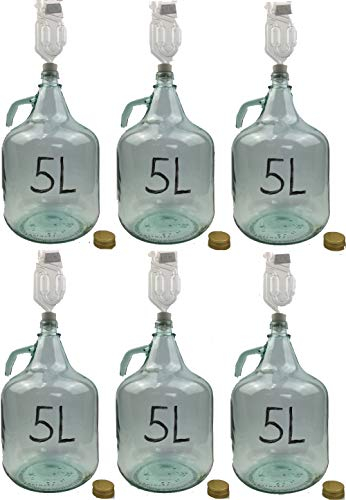 WYSKONT Enghals Ballonflasche mit Schraubverschluss, Schutzkorb, Luftschleuse und Stopfen für die Weinherstellung, Gärung, Getränkeaufbewahrung, aus transparentem Glas, 6 Stück x 5 l