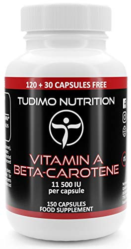 Integratore Betacarotene Vitamina A Pura - 11 500 IU - 150 Capsule (Scorta 5 Mesi) a Disgregazione Rapida con 6,9mg Beta Carotene Polvere Puro Qualità Premium