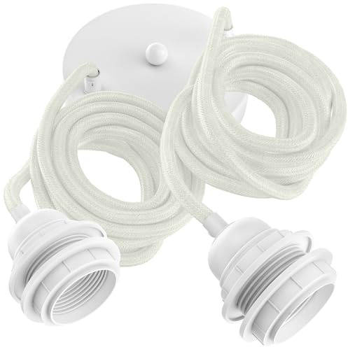 Hoopzi Hang Pendelleuchte, 2-flammig, 2,5 m Leinenkabel | E27-Fassung, Stahlbaldachin, DCL-kompatibel, für Schlafzimmer, Wohnzimmer und Küche, Farbe: Weißes Leinen