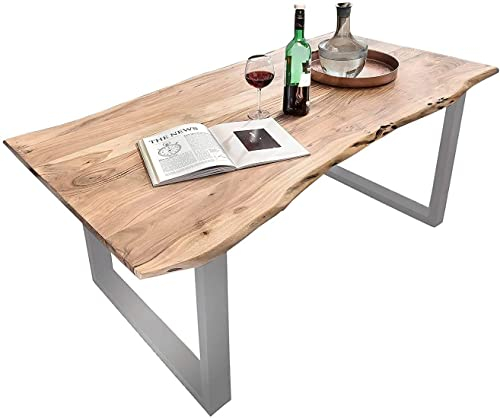 SAM Baumkantentisch 140x80 cm Quarto, Akazienholz massiv + naturfarben, Esstisch mit silbernem U-Gestell, Esszimmertisch/Holztisch Industrial-Design, Tischplatte 26 mm