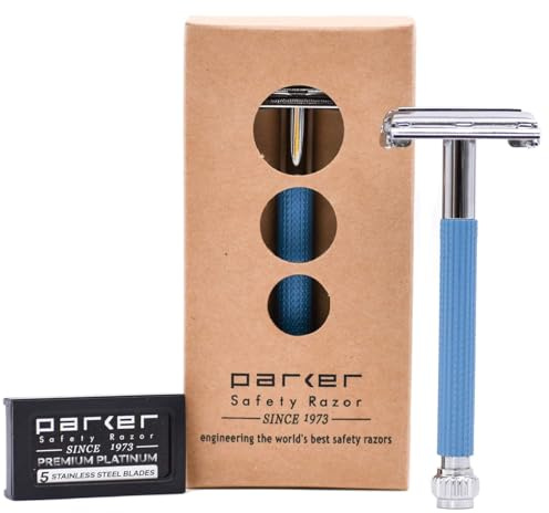 Parker Butterfly Rasierhobel mit langem Griff, 29 l, Blau | Langer Griff und Schmetterlings-Kopf bieten einfachen Klingenwechsel; inklusive 5 Parker Platinum Doppelkanten-Rasierklingen.