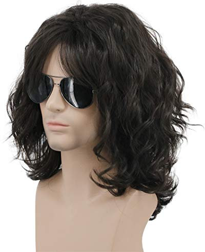 Karlery California 70s 80s Rocker Wig Men Women Long Curly Dark Brown Halloween Costume Anime Wig
