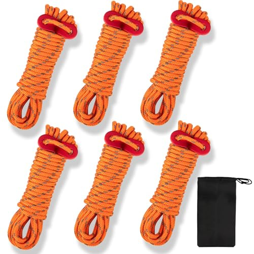 JTENG Reflektierend Abspannseile Seil mit Seilspanner, 13ft/4 Meters Zeltschnur mit Aluminiumlegierung Spanner, Φ 4mm Nylonschnur Leuchtend Guy Zeltleine für Sonnensegel (6 Stück Orange Seil)