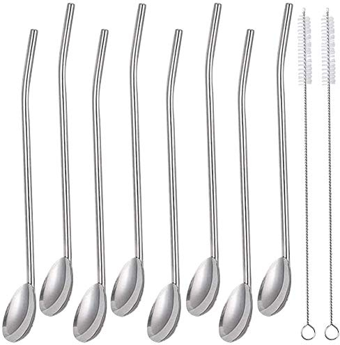8er Edelstahl Trinkhalm Löffel, Wiederverwendbare Edelstahl Metallstrohhalm Löffel, 2 in 1 Strohhalm & Löffel ideal als Latte Macchiato und Cocktail-Löffel