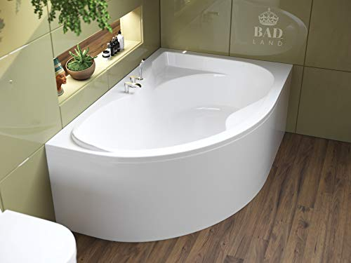 BADLAND Badewanne Original Weiß Acryl Wanne Eckbadewanne DORA 170x110 Rechts KOMPLETTSET SET mit Weiß Acrylschürze + Füßen und Exklusive Chrom Automatik Ablaufgarnitur Made in EU 4in1