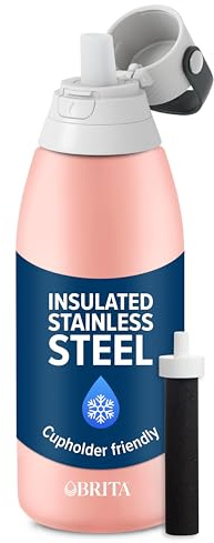 BRITA Stainless Steel Premium Filtering Water Bottle, BPA-Free, Reusable, Insulated, Replaces 300 Plastic Water Bottles, Filter Lasts 2 Months or 40 Gallons, Includes 1 Filter, Rose - 32 oz.