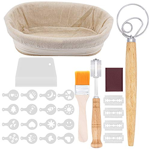 Gearific Gärkörbchen Oval, 10-Zoll-Korb zum Testen von natürlichem Rattansauerteig mit Brotbackset - Enthält Stoffbezug, Teigschaber, Brotlahm, Pinsel, 16-teilige Brotdekor-Schablonen