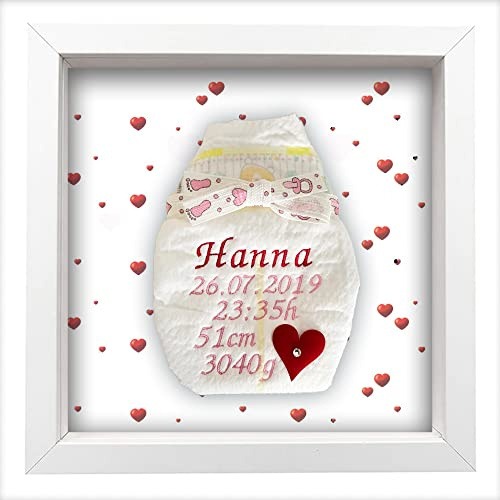 Tanjo Bestickte Windel im Rahmen weiß, Mädchen, süßes Geschenk zur Geburt I Taufgeschenk, mit Kristallen verziert | Name, Datum, Uhrzeit, Gewicht und Größe | Nachhaltiges Babygeschenk