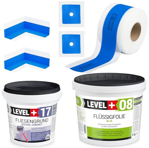 Dicht-Set 8Kg Flüssigfolie, 1,5kg Fliesengrund, 5m Dichtband, 2 Innenecken | 2 Wandmanschetten, Dusche, Bad, SET335
