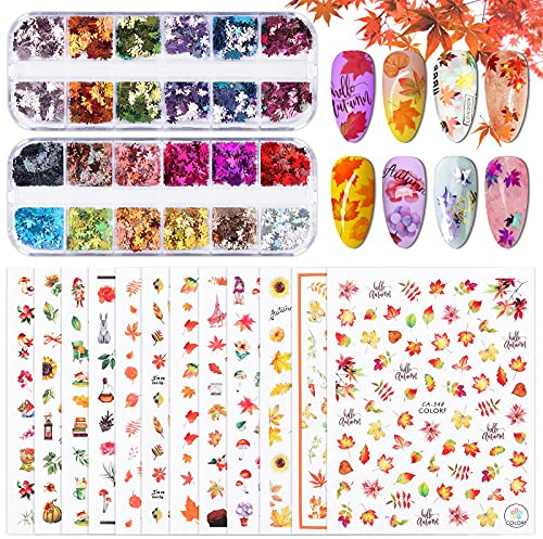 Kalolary 12 Blatt Herbst Nagelsticker Selbstklebend, Nagelsticker DIY Herbst Ahornblätter mit 2 Boxen Ahornblätter Pailletten für Frauen Mädchen Nagel Dekorationen