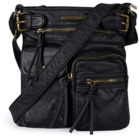 Montana West Crossbody Bag for Women Soft Leather Multi Pocket Shoulder Bags Vintage Women's Purses and Handbags Black Gift MWC-046BK