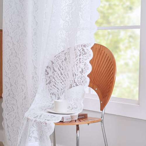 ALIGOGO Lace Curtains 63 Inch Length - Vintage White Sheer Curtains for Bedroom French Country Floral Privacy Scalloped Heavy Short Window Treatment, Rod Pocket Set of 2 52 W x 63 L Inch, White