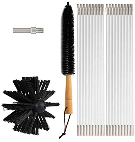 0℃ Outdoor Kit Ramonage Poele Pellet 41cm, Brosse Hérisson Rond Synthétique 100mm, Kit Nettoyage Poêle à Granulés avec 9/18 Tiges de Ramonage Flexible 41cm,9 Rods + 1 Brush Head