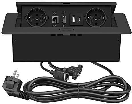 JACEPFY Tischeinbau Steckdosen Versenkbare Steckdose Tischsteckdose mit USB LAN HDMI Typec Max 20W Intelligentes Aufladen Schwarz