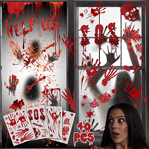 Halloween Decorations Indoor Window Stickers, Halloween Window Decorations Zombie Posters Set Reusable Halloween Accessories , Scary Bloody Handprints Footprints Wall Stickers, for Halloween Party